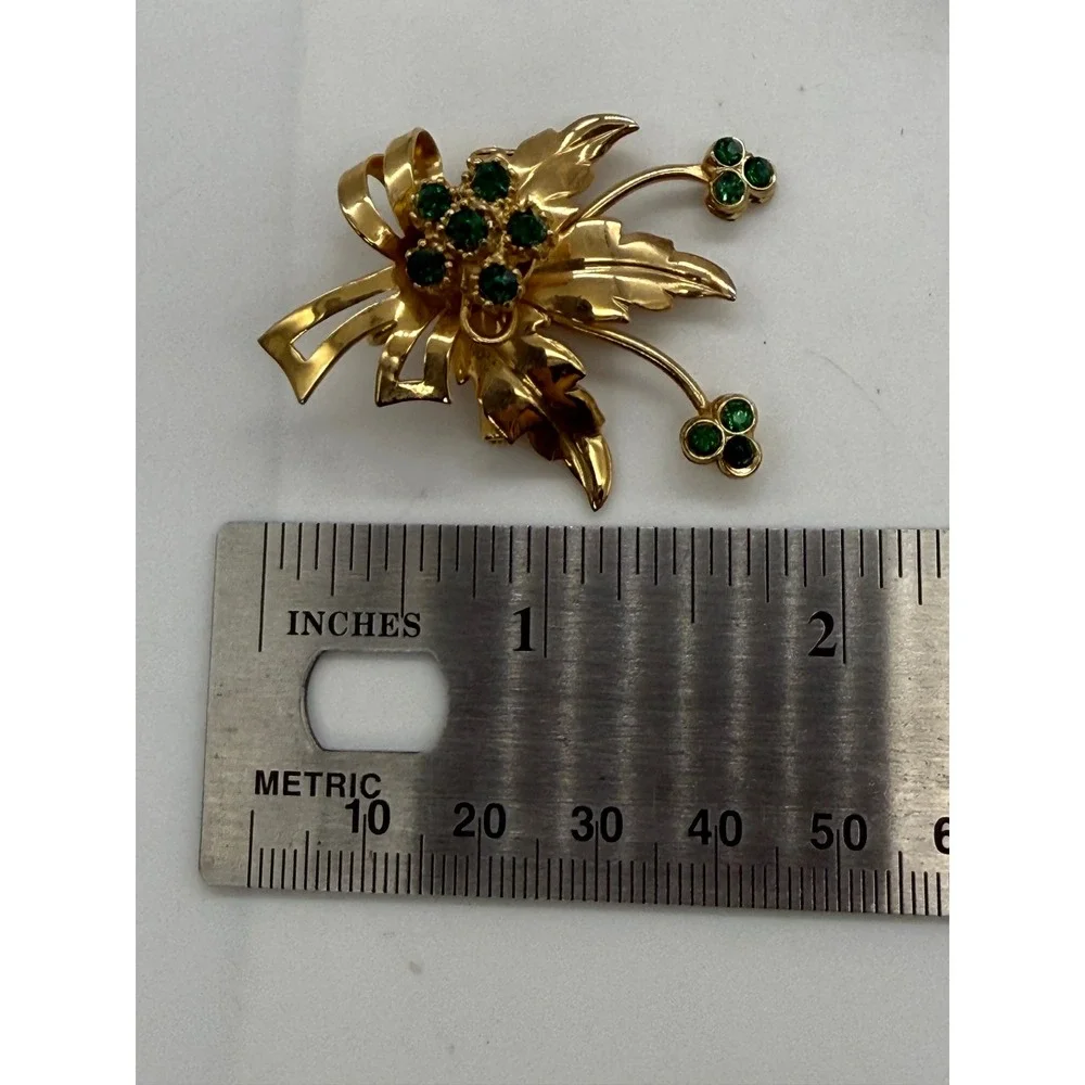 Vintage Feminine Green Rhinestone Floral Bow Brooch Pin Leaf Retro Statement